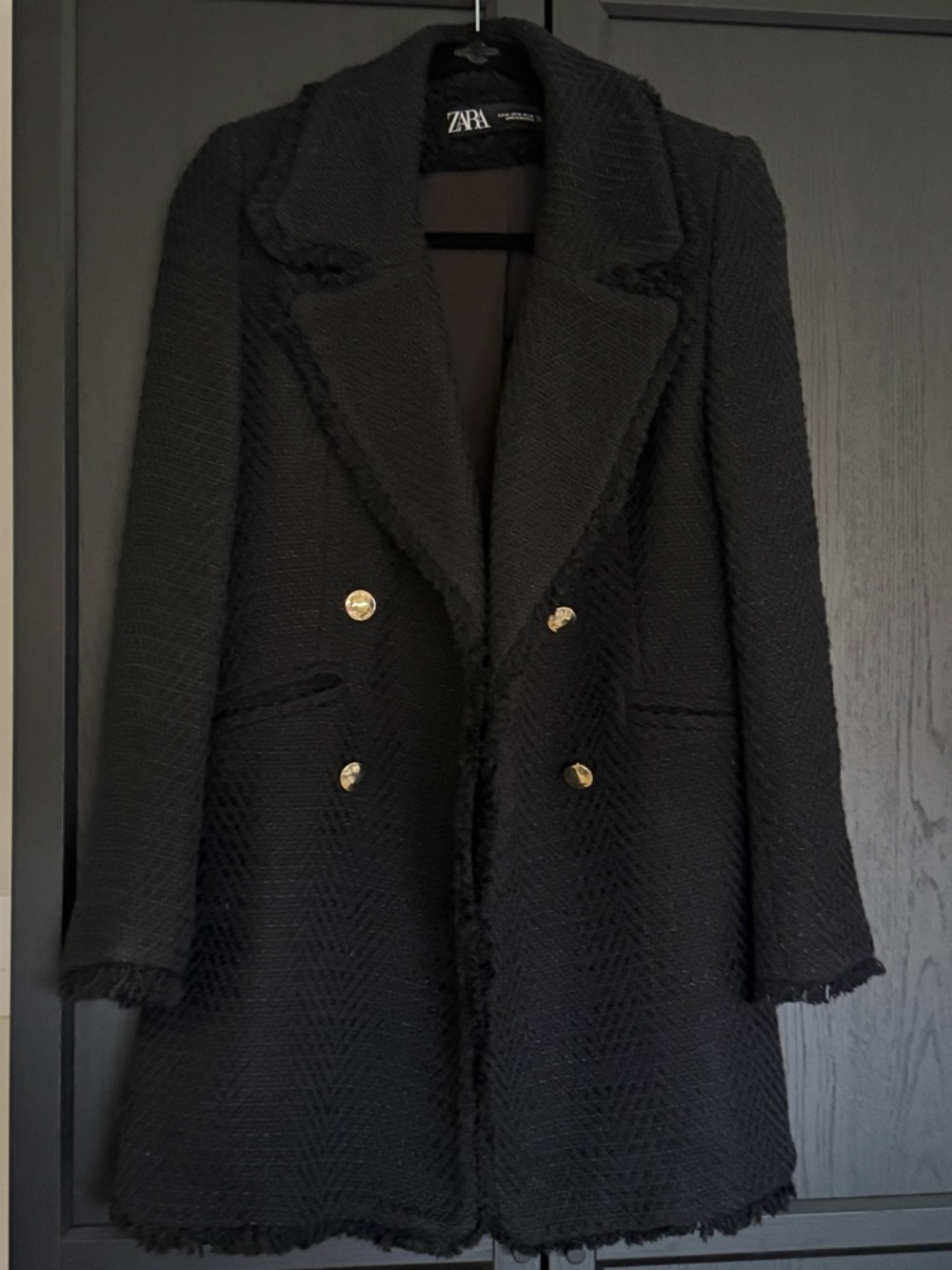 Zara Black Tweed Double-Breasted Pea Coat with Gold Buttons